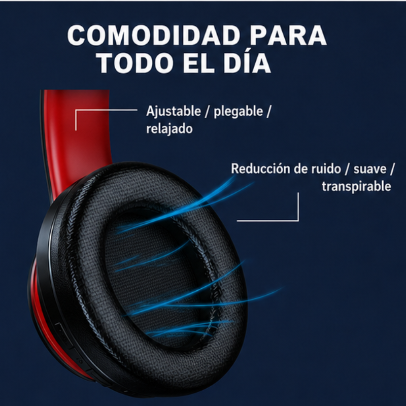 Auriculares Bluetooth com cabo Velav_2, design compacto, com fones sobre a orelha e detalhes em preto.