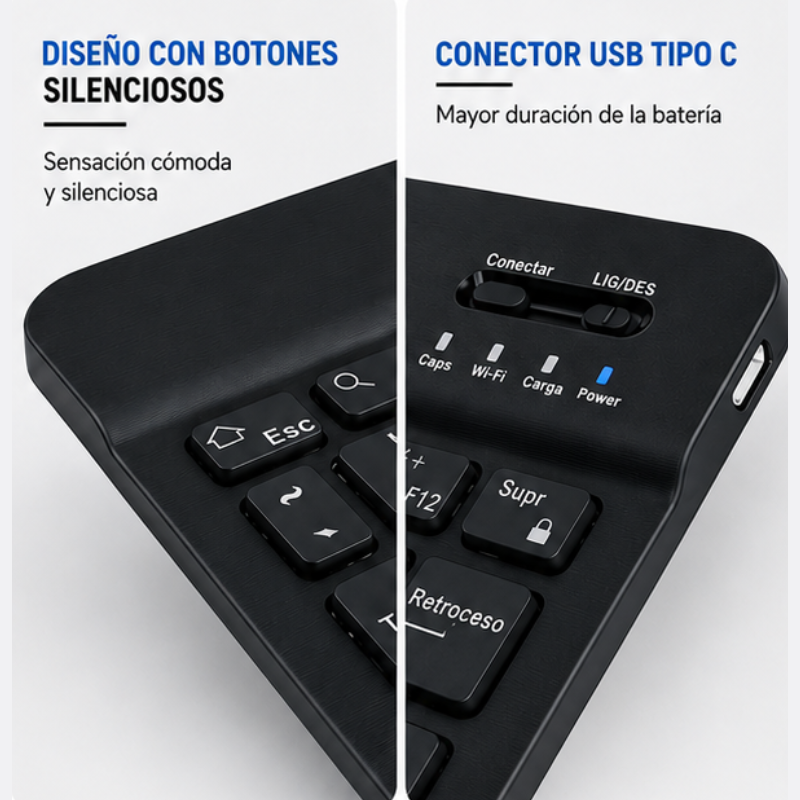 Teclado e mouse Bluetooth e USB-C Velav_2 em cor preta, com design compacto e teclas visíveis, para uso em computadores e tablets.