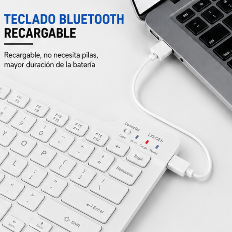 Teclado e mouse Bluetooth e USB-C Velav_2 em uso, com design compacto e moderno, ideal para trabalho e lazer.